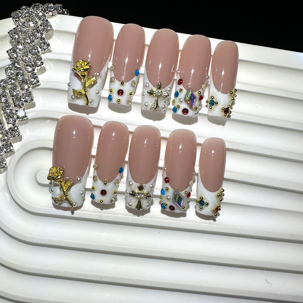 Gemstone Couture Collection: "Jewel Encrusted Nude" – Medium Almond Press-On Nails