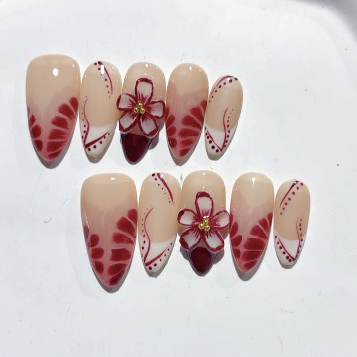 Fleur vintage : « Orchidée bordeaux » – Ongles press-on forme amande