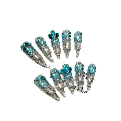 Light luxury full of diamonds and flash blue seabed pure handmade nails | 365nails