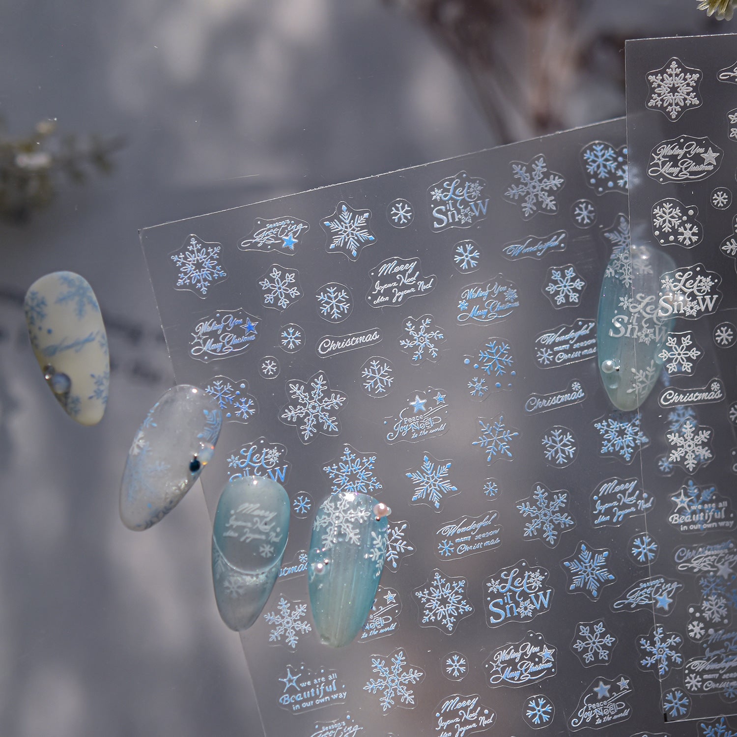 White Christmas Snowflake & Script: "Winter Frost Wonderland" – 5D Embossed Nail Sticker