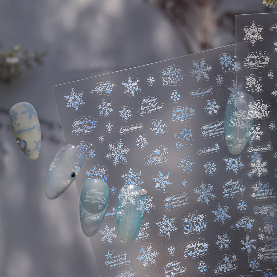 White Christmas Snowflake & Script: "Winter Frost Wonderland" – 5D Embossed Nail Sticker