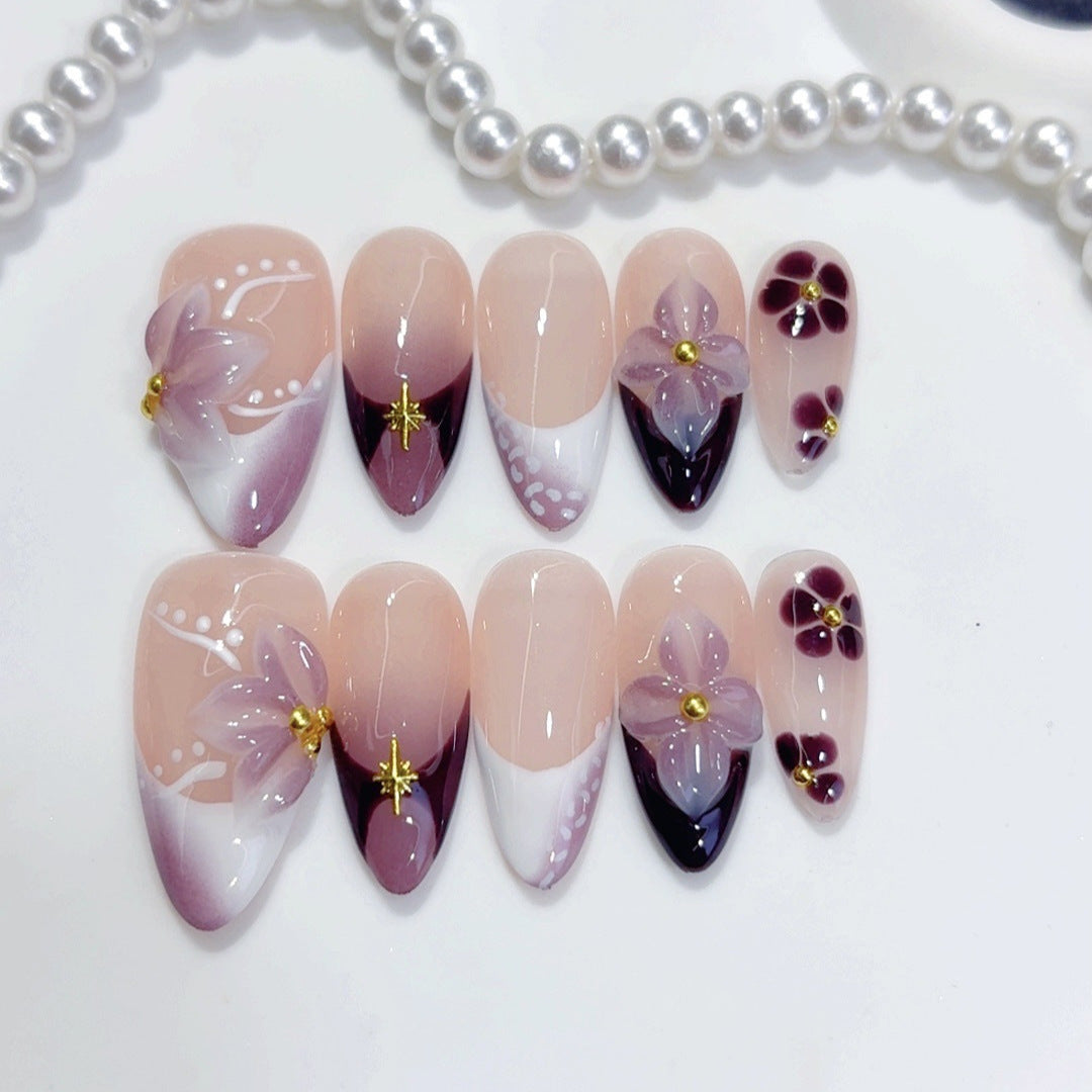 Plum Blossom Gradient: "Purple Floral" – Almond Press-On Nails