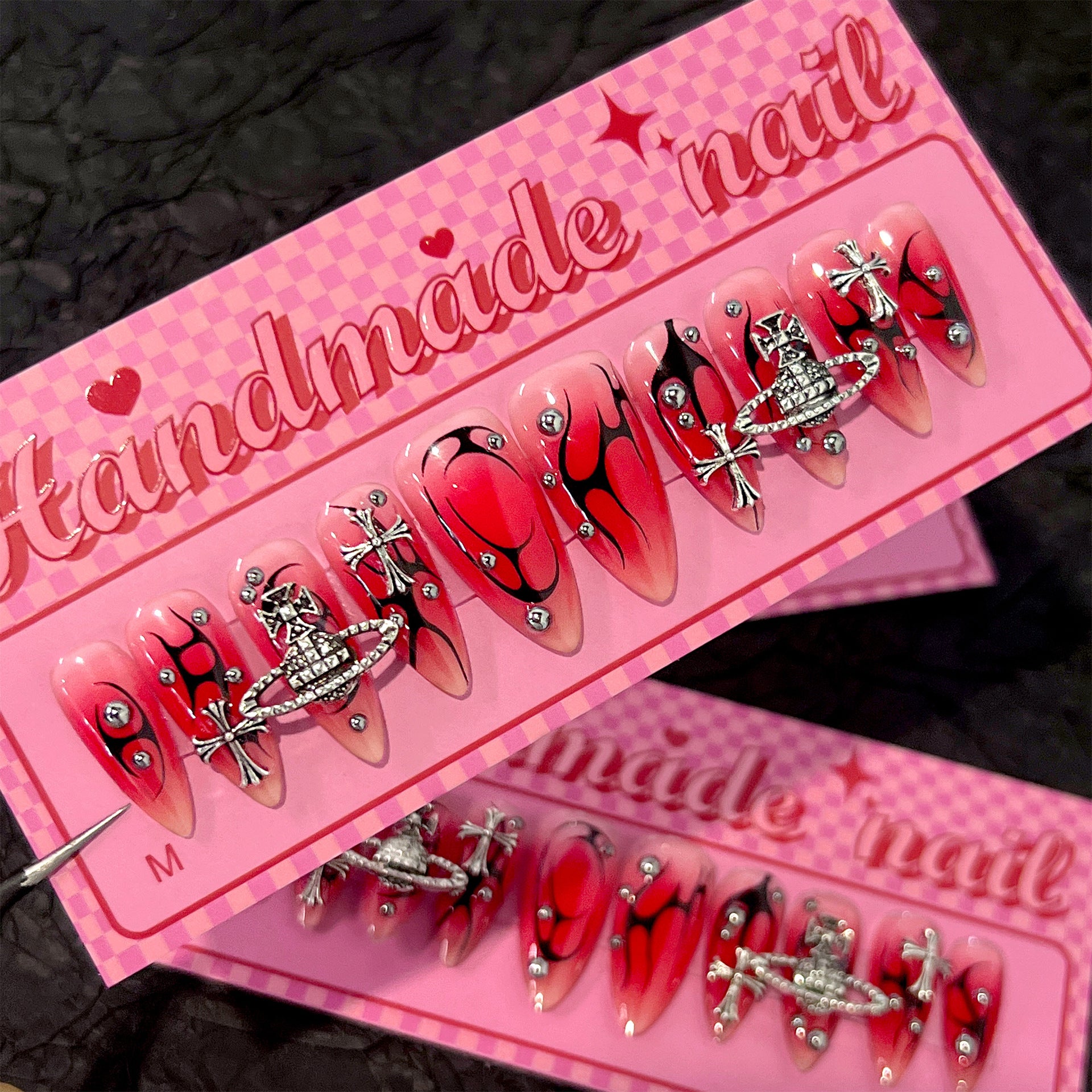 Red-Black Flame Press-On Nails | Stiletto | Handmade with Silver Cross & Planet Charms