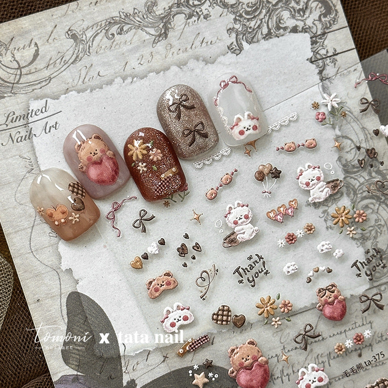Fluffy Plush: "Teddy & Bunny" – 3D Embossed Nail Sticker