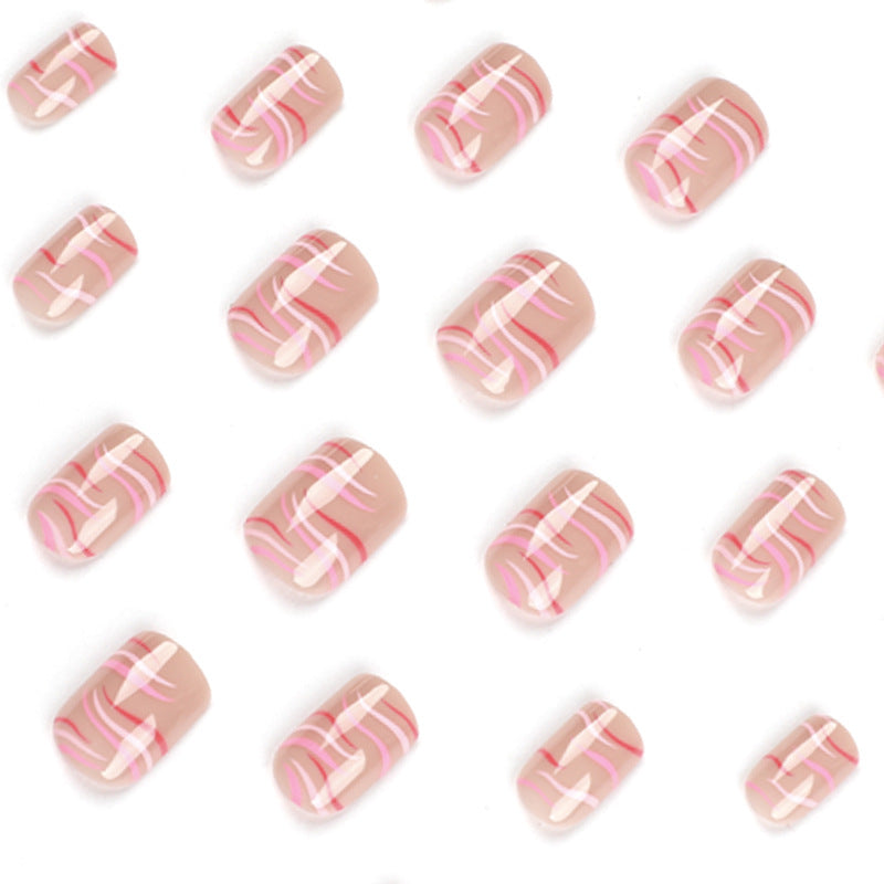 粉紅與紅色對比條紋波浪短款成品穿戴甲 批發｜365nails