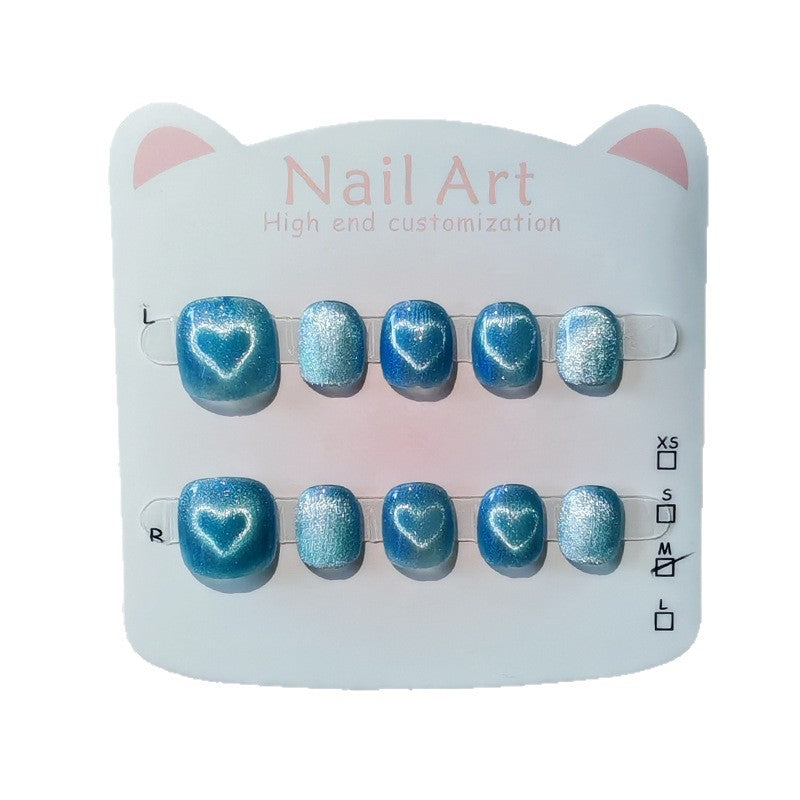 365nails: "ocean blue cat-eye heart" – handmade press-on pedicure