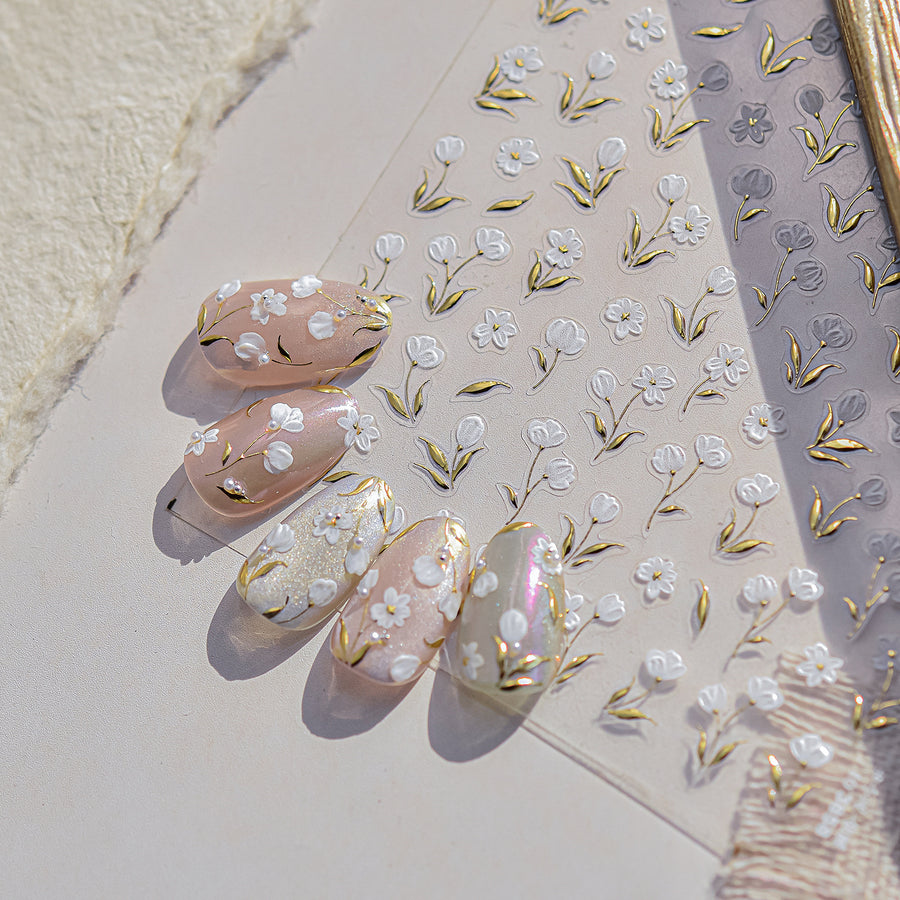 Elegant White Flower Collection: "White Blossom" – 3D Embossed Nail Sticker