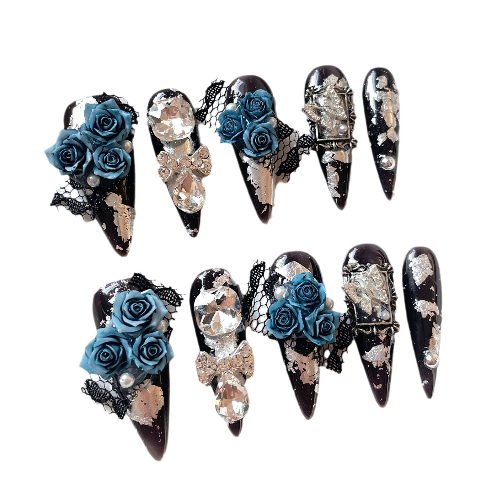 Blue Enchantress Premium Atmosfera Fria Unhas Pressionadas Feitas à Mão Indústria Pesada Empilhamento Diamante Longo Nail Art｜365nails