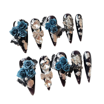 Blue Enchantress Premium Cold Atmosphere Handmade press on nails  Heavy Industry Stacking Diamond Long Nail Art｜365nails