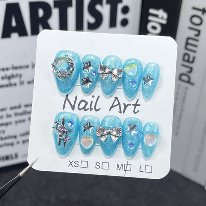Handmade Press-on Nails flash ocean blue sweet cute cat eye short nail art finished patch wearable nail sticker｜365nails