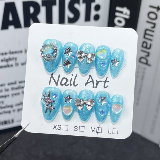 Handmade Press-on Nails flash ocean blue sweet cute cat eye short nail art finished patch wearable nail sticker｜365nails