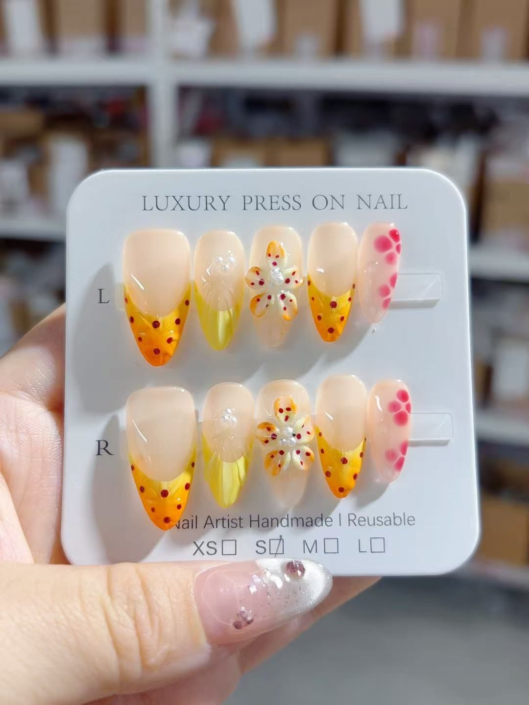 Citrus Bloom: "Fruity Floral" – Almond Shape Handmade Painted Press-On Nails