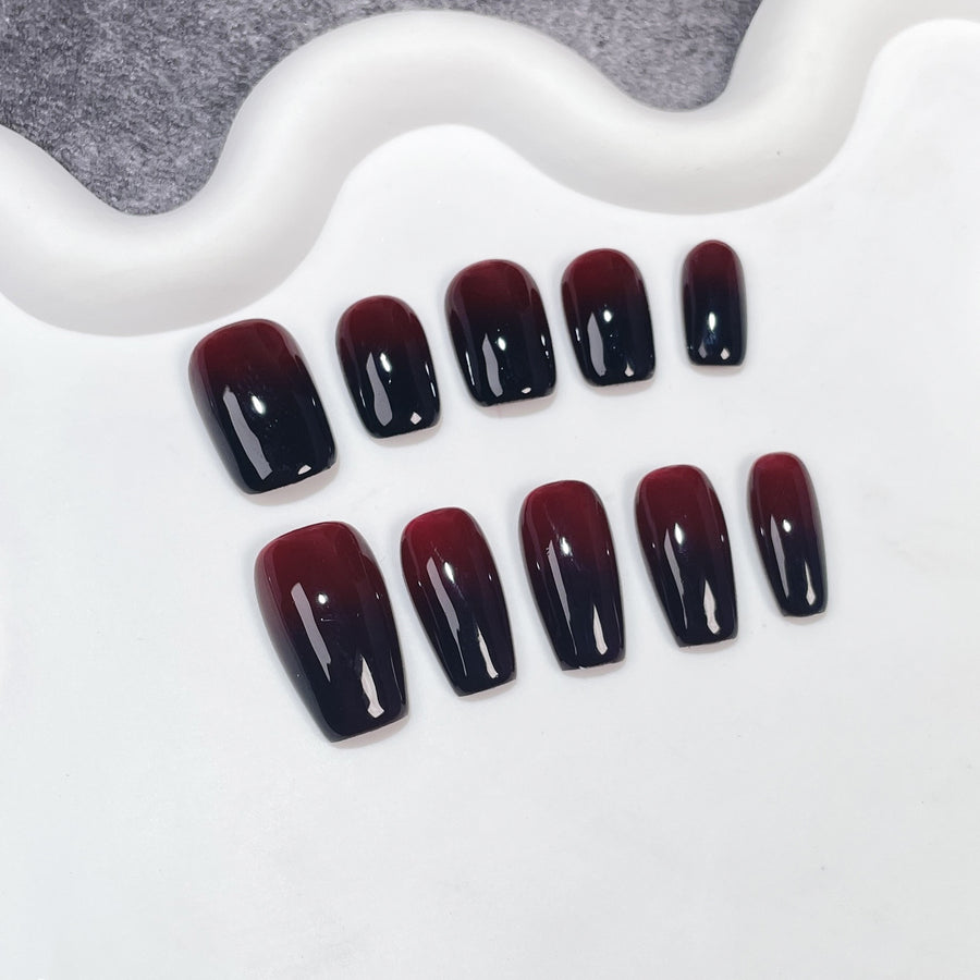 Uñas postizas hechas a mano, con efecto cerezas en rojo y negro, con pistola rociadora, cambio gradual, sencillas pegatinas para uñas cortas | 365nails