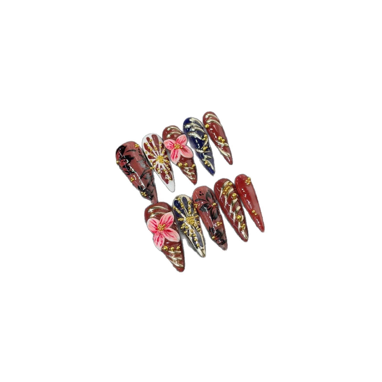 365nails「午夜花園」手工製 3D 花卉與金箔 尖形穿戴甲