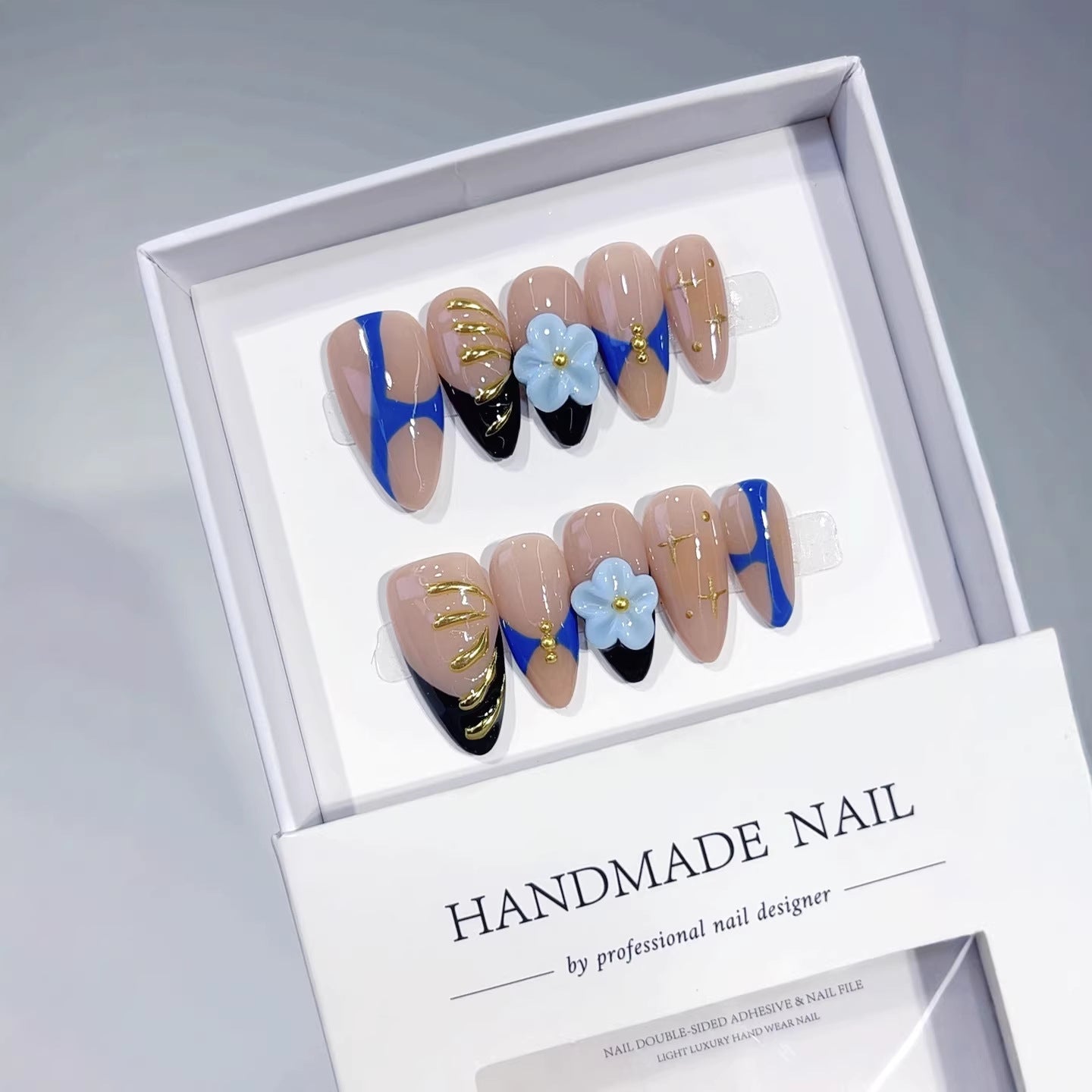 Blue Bloom: "Nude Gold Chain" – Almond Shape Handmade Press-On Nails