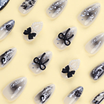 Black three-dimensional bow  pearl love star nail art piece gradual change sequins letter almond ｜365nails