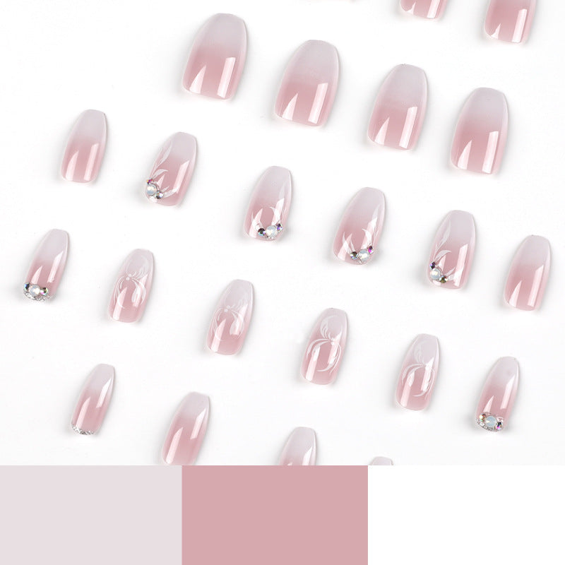 Pieza de arte de uñas rosa y blanco con cambio gradual, uñas postizas cortas con pétalos de diamantes de imitación, parche para uñas postizas, uñas postizas al por mayor | 365nails