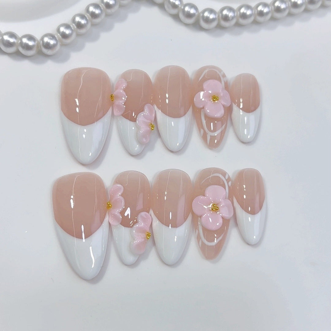 Elegância Floral: "Rosa Cereja Francês" – Unhas Postiças Artesanais Formato Amêndoa