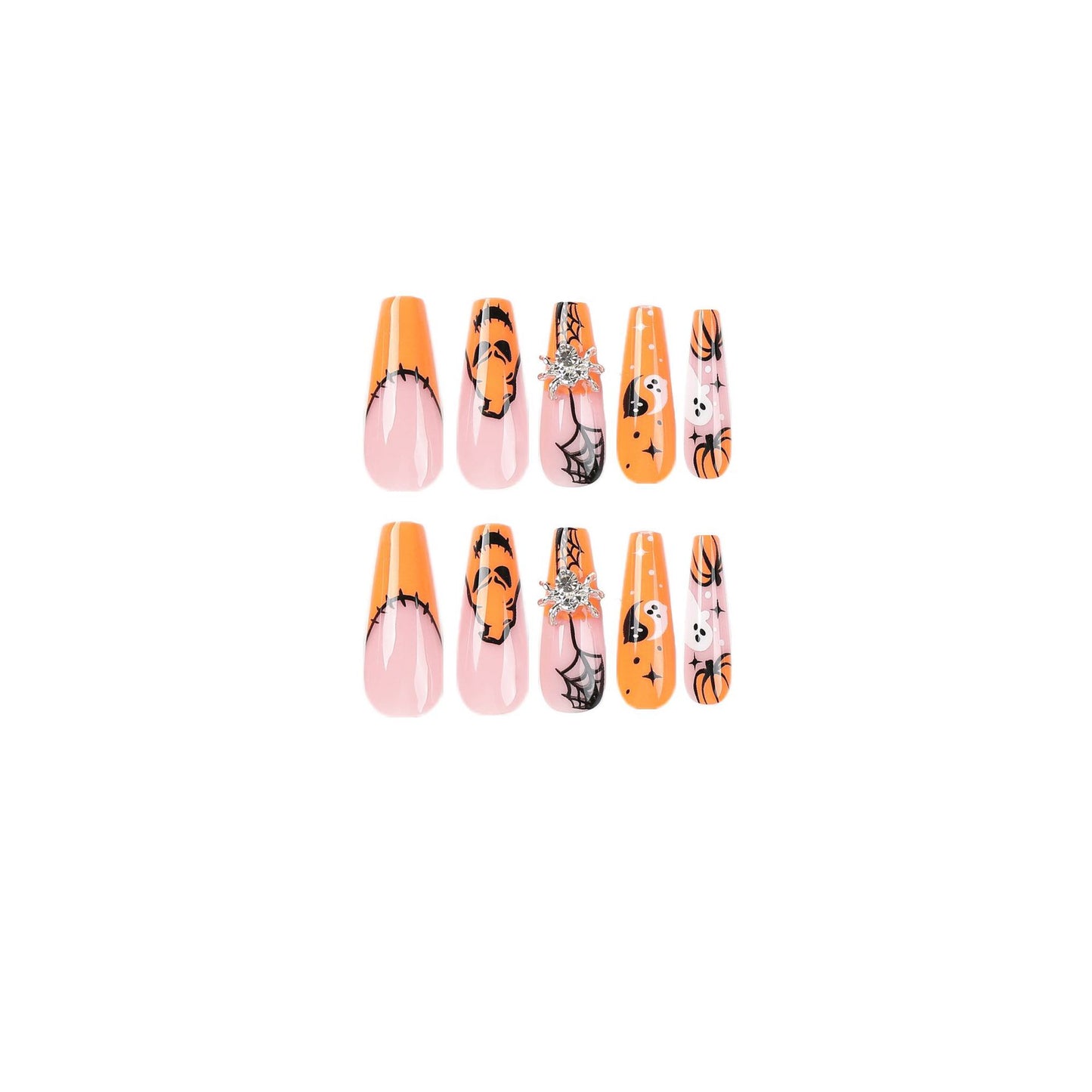 Nail Piece Wear Nail Halloween Nail Art Spider Rhinestone Spider Web White Ghost Pumpkin Press on nails｜365nails