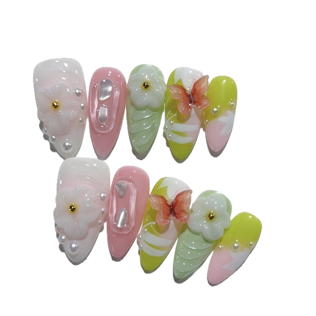 365nails-春日花園：「可愛花卉蝴蝶」 – 杏仁形 手工製 3D 雕刻 穿戴甲