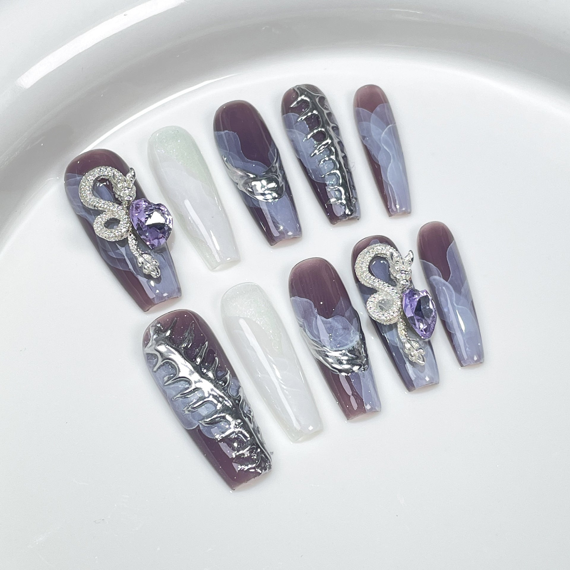 Polvo de espejo mágico con efecto acuarela para uñas, hecho a mano, con diseño de dragón tridimensional, parche para uñas de un año, adhesivo para uñas usable | 365nails