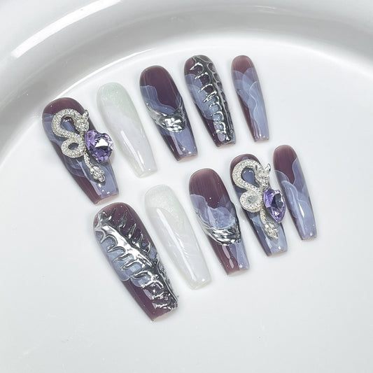 Adesivo de unha mágico em pó com espelho aquarela feito à mão, dragão tridimensional, adesivo de unha longo para uso no ano todo ｜365nails