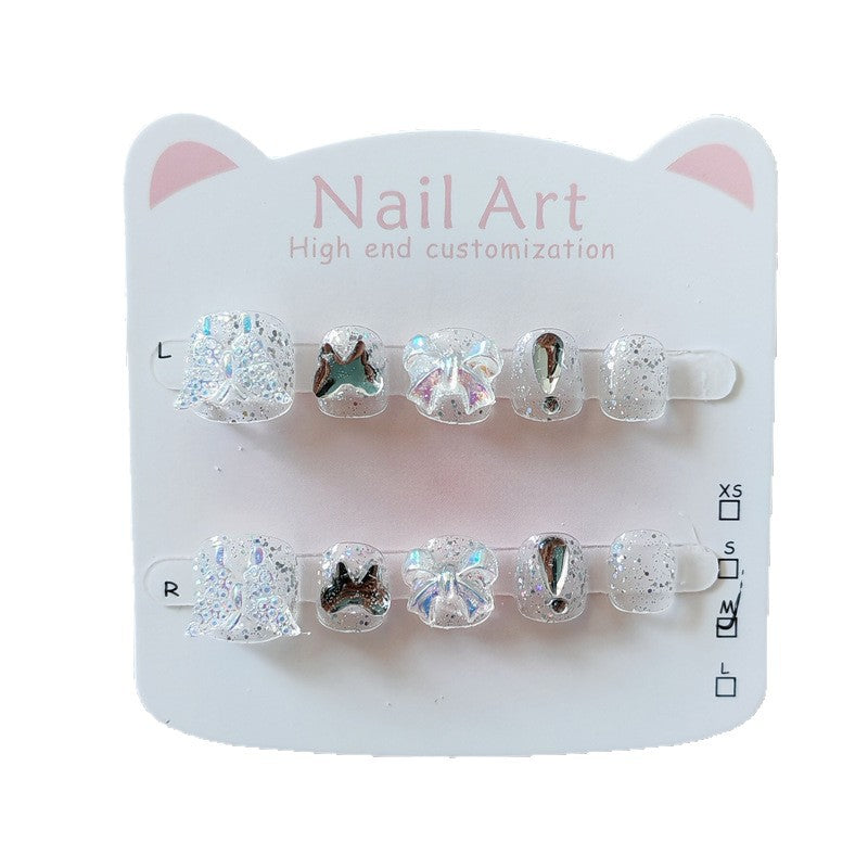365nails: "ice clear aurora bow" – short round handmade kids press-on nails