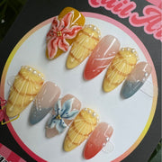 365nails: "Summer Breeze" – ongles press-on forme amande 3D, motifs floraux, faits main