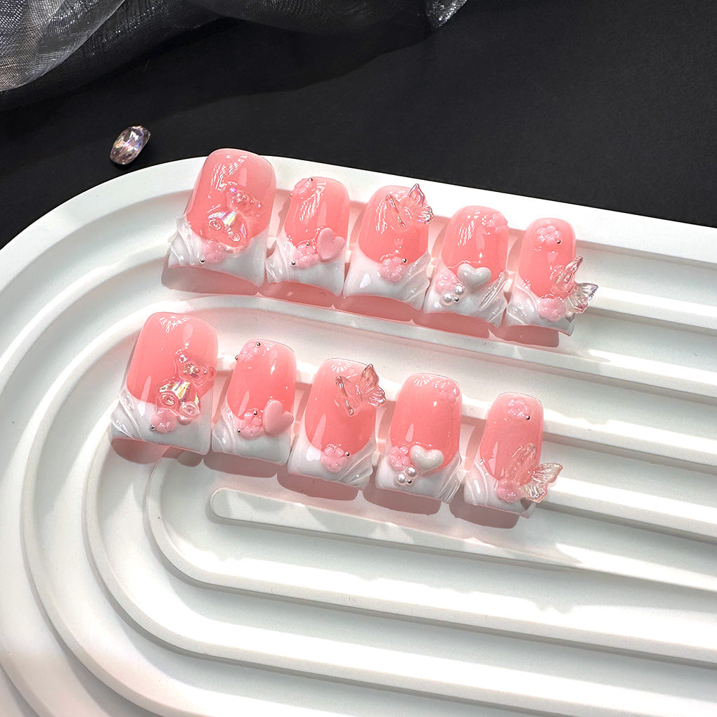 Pink Jelly French Nails with Bear and Butterfly Accents