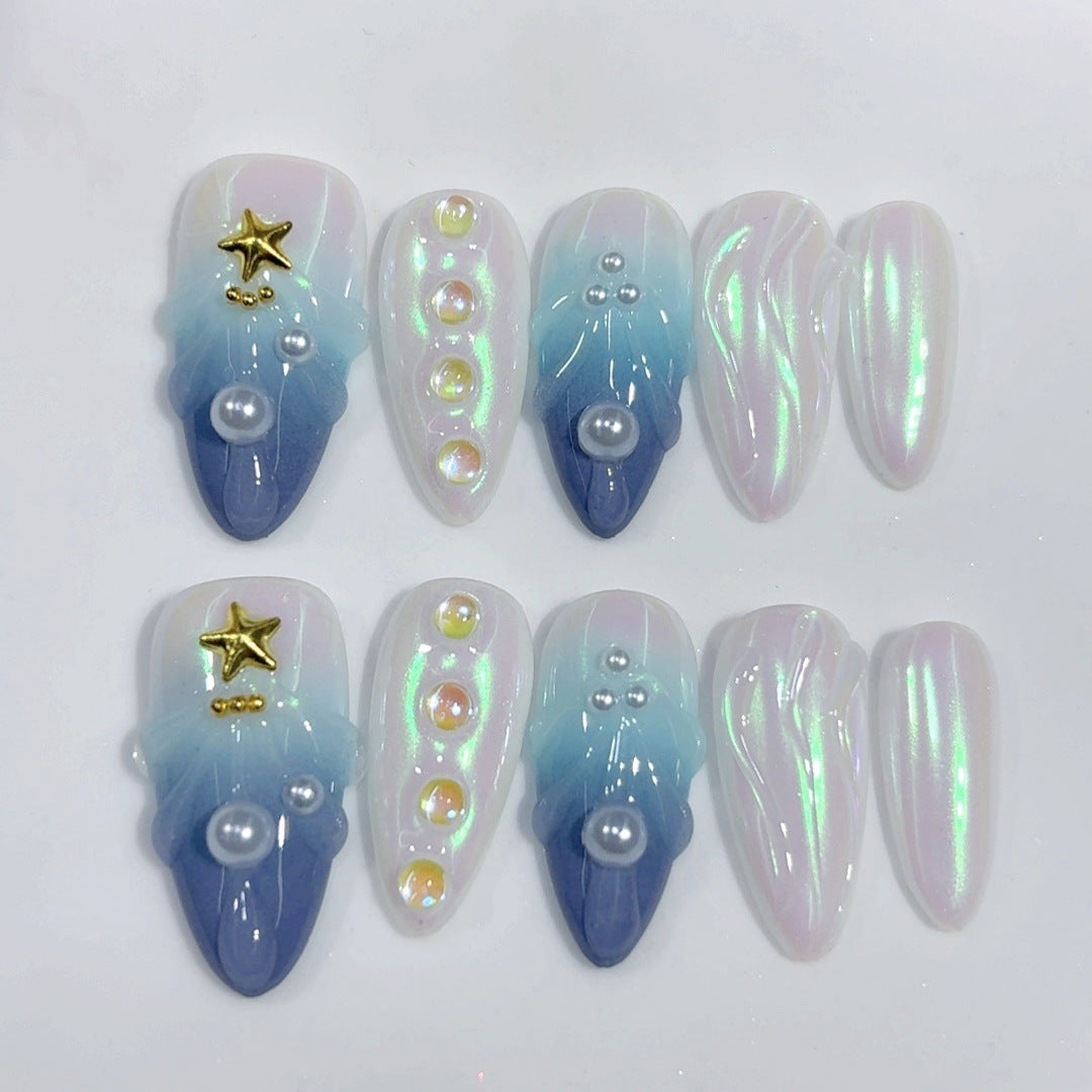 365nails: "Rêve d'Océan Étoilé" – Ongles press-on longs forme stiletto, dégradé bleu, perle, faits main