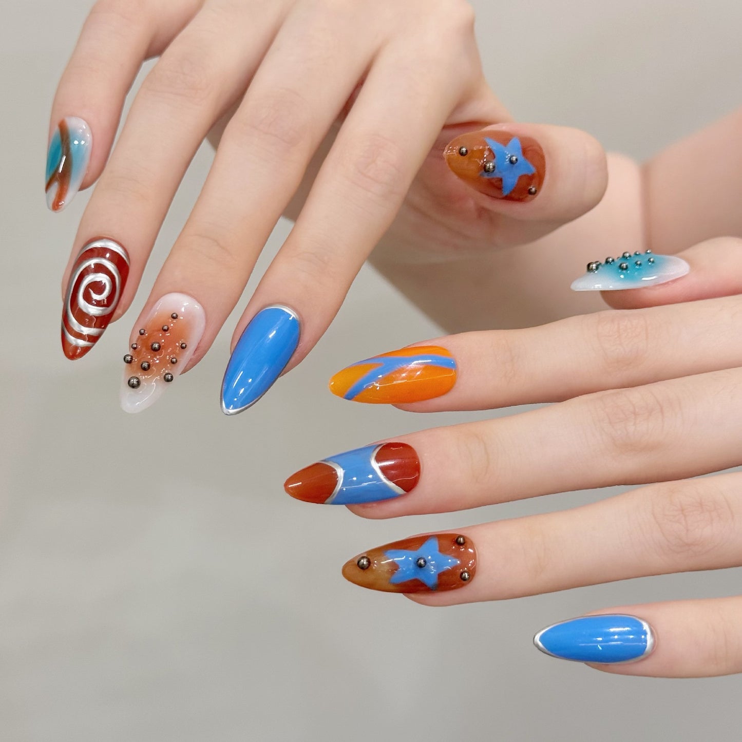 Ocean Orange Blue Retro Artistic Press On Nails