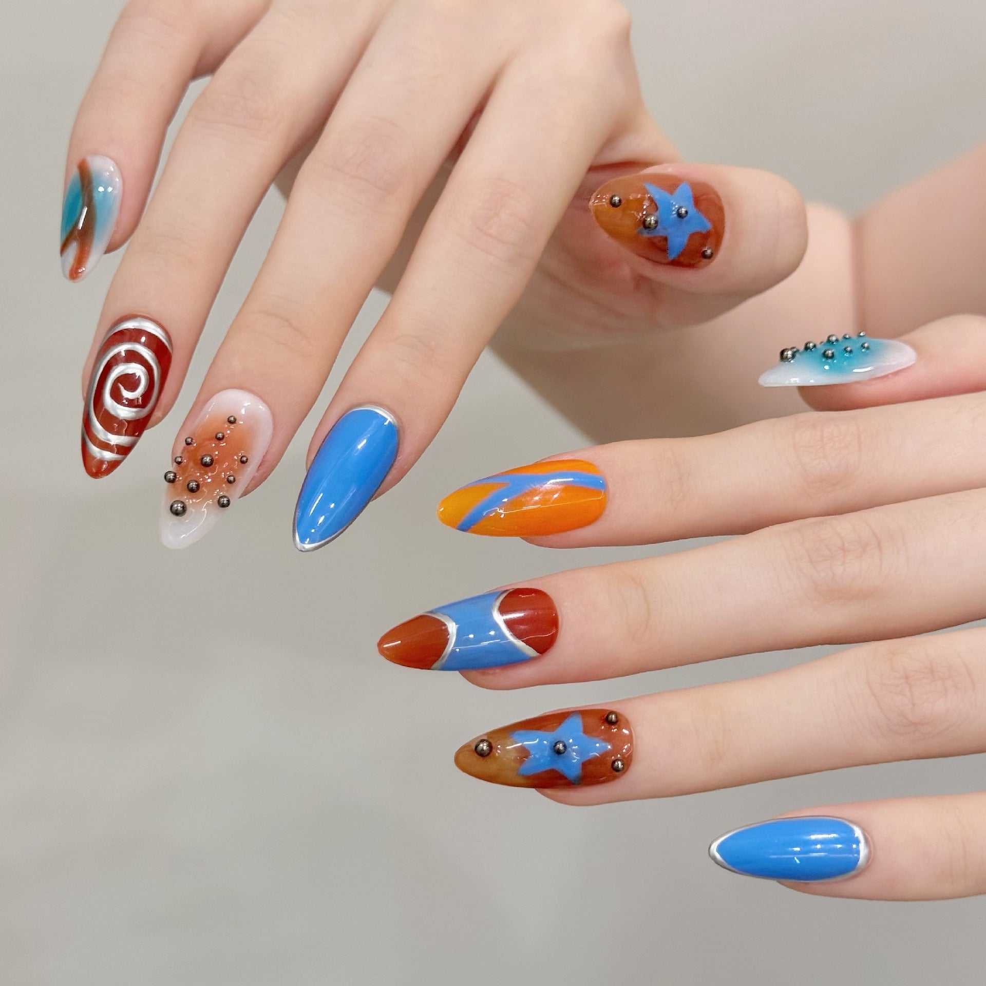 Ocean Orange Blue Retro Artistic Press On Nails