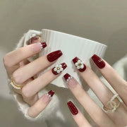 365nails: "Perla Carmesí" – Uñas de Almendra Medianas Hechas a Mano con Flores 3D y Punta Francesa