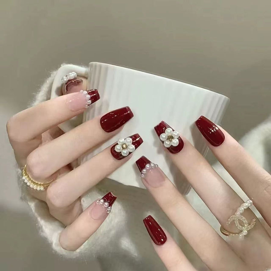 365nails: "Crimson Pearl" – 3D Flower & French Tip Handmade Medium Almond Nails