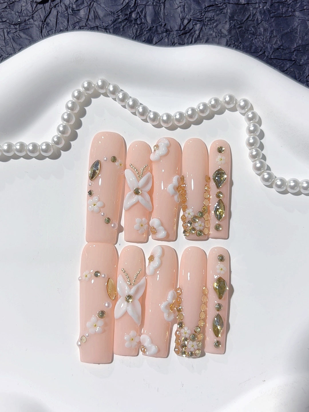 Peach Blossom Pearl Crystal Press On Nail Set