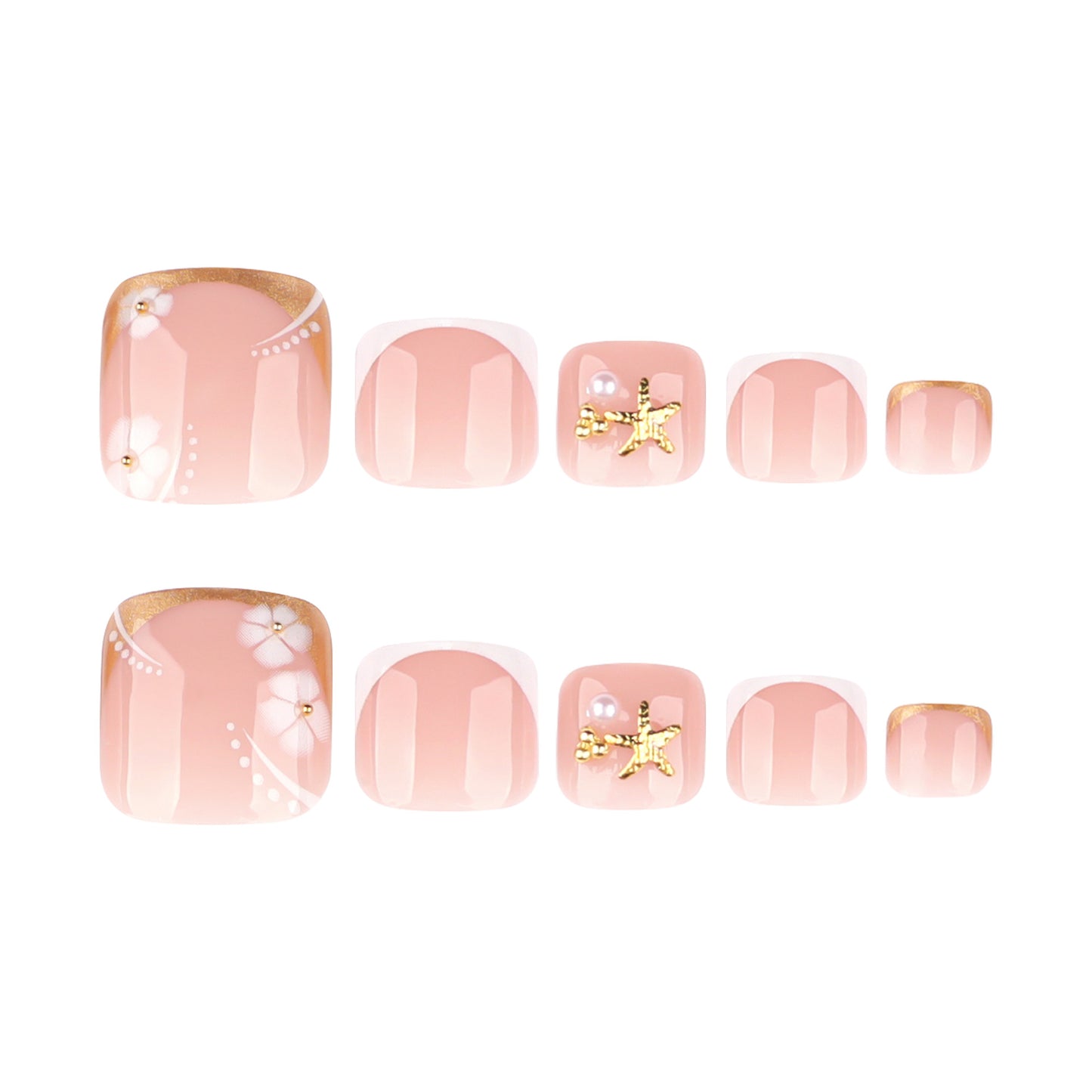 Minimalist french gold & white short square toe nail tips with white floral accents