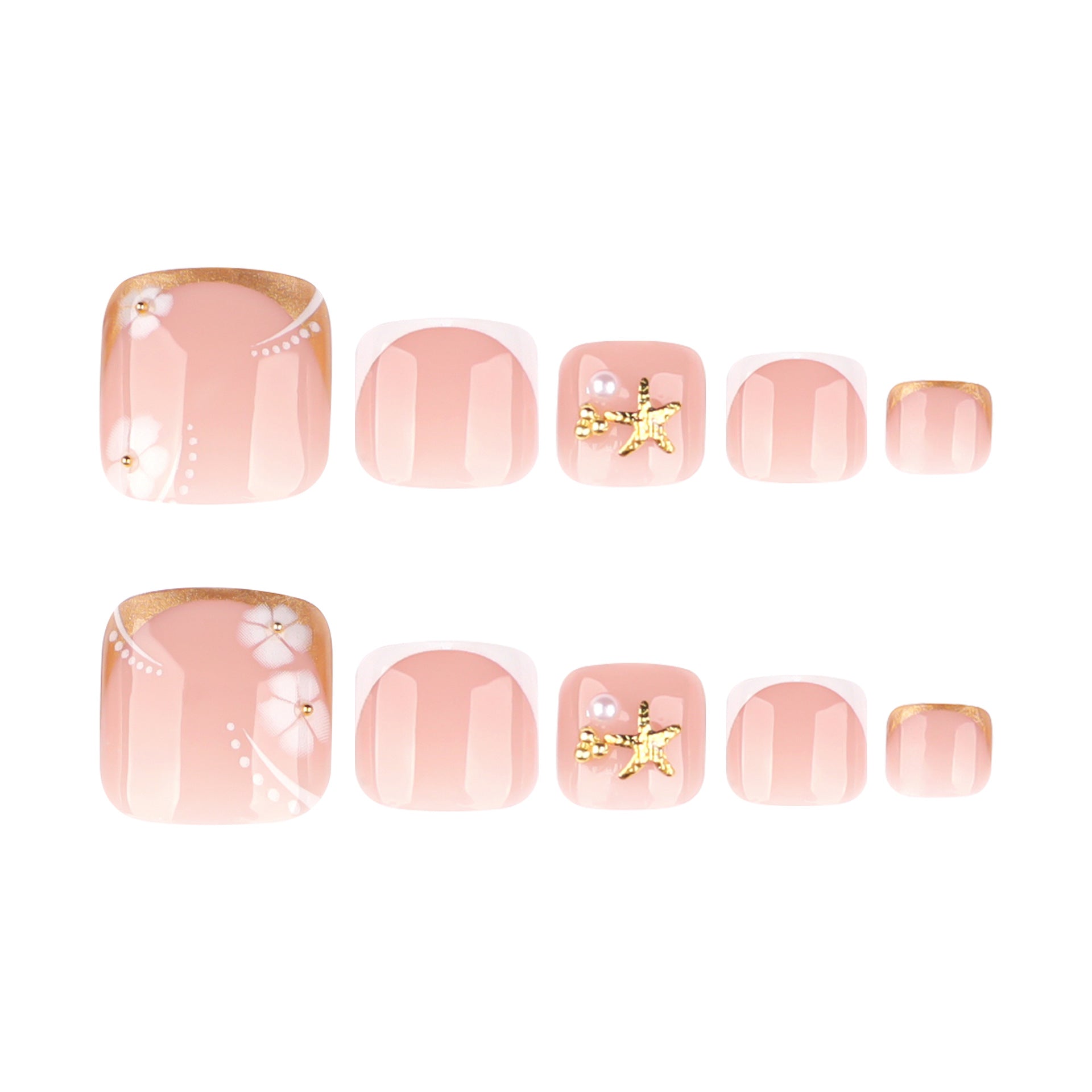 Minimalist french gold & white short square toe nail tips with white floral accents