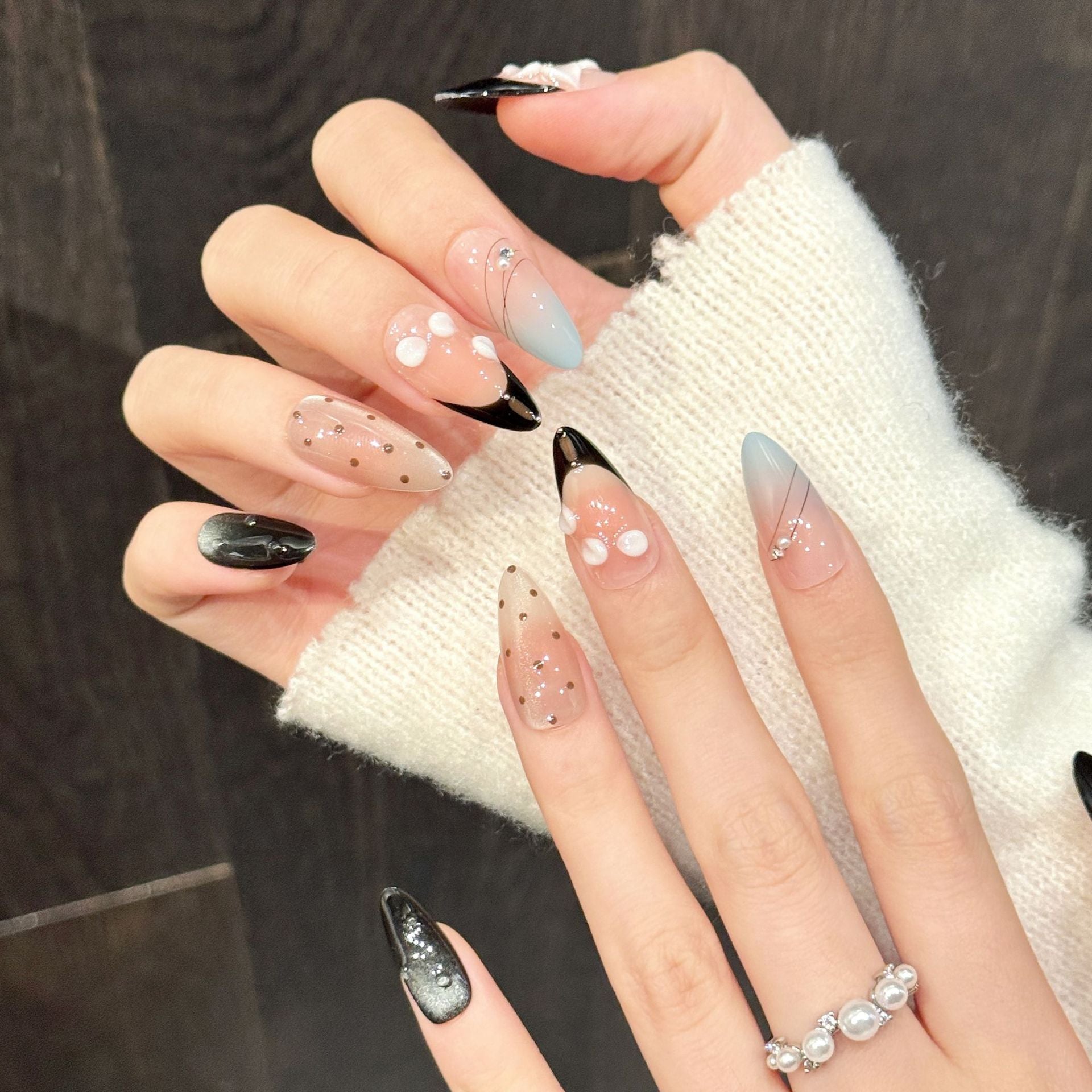 Ink Style Nude Floral Black Accent Press On Nails