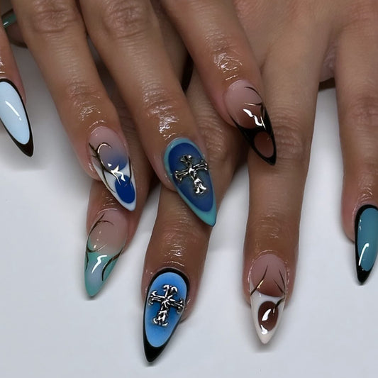 Millennium Style Nail Art French Almond Fake Nails  Cross Wearing Nail Short Removable Nail Piece｜365nails
