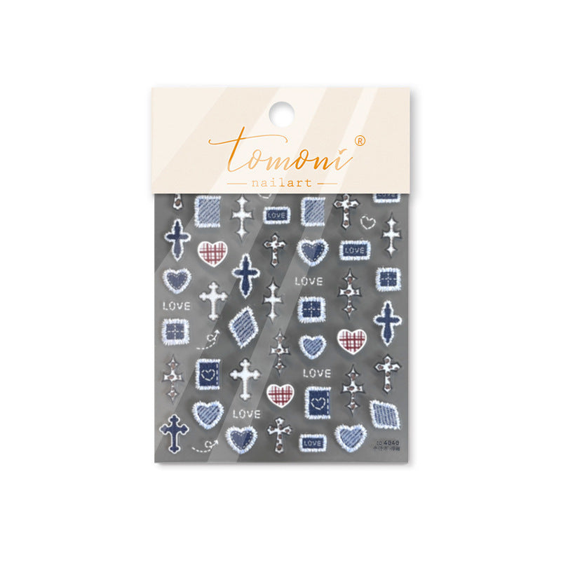 Denim Cross & Heart: "Punk Denim Romance" – 5D Embossed Nail Sticker