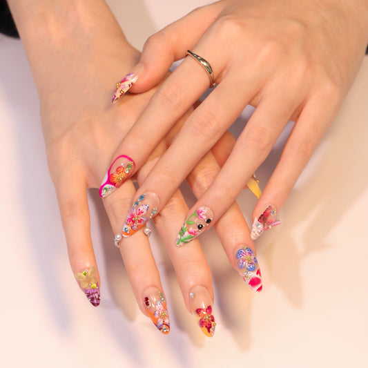 Tropical flower 3D  three-dimensional point drill butterfly French nail piece  hot-selling color fake nail manicure｜365nails