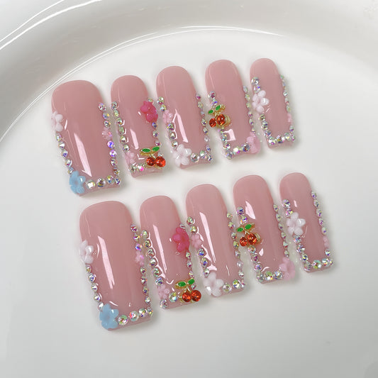 Manicure quadrada, doce e pura, gelada e longa, unhas postiças, unhas postiças com acabamento artesanal puro｜365nails