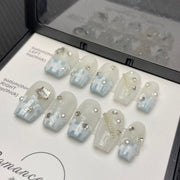 365nails: "藍色法式幻想" – 3D 星星與珍珠 手工製方形甲片