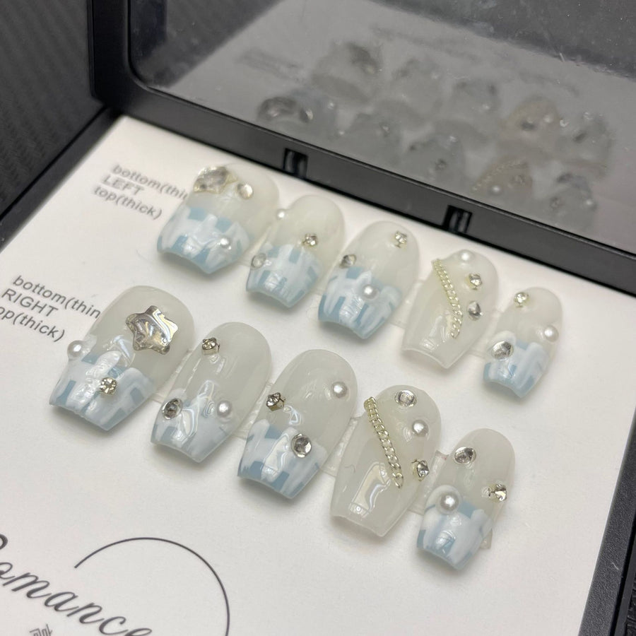 365nails: "Blue French Fantasy" – 3D Star & Crystal Handmade Square Nails
