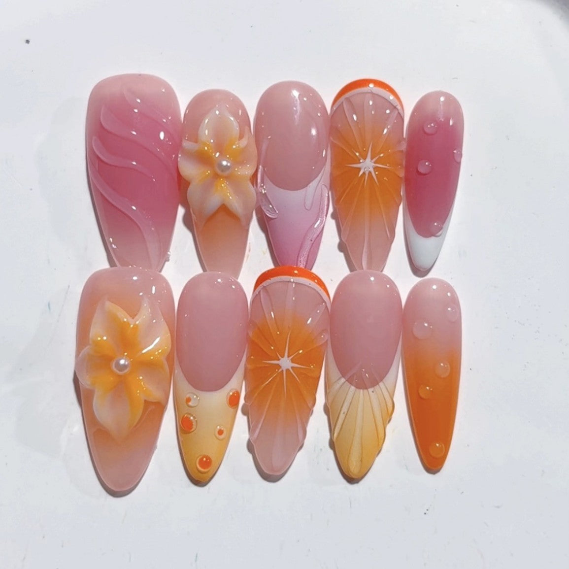 365nails-桃柑：「果香花卉」 – 杏仁形 手工製 3D 雕刻 穿戴甲
