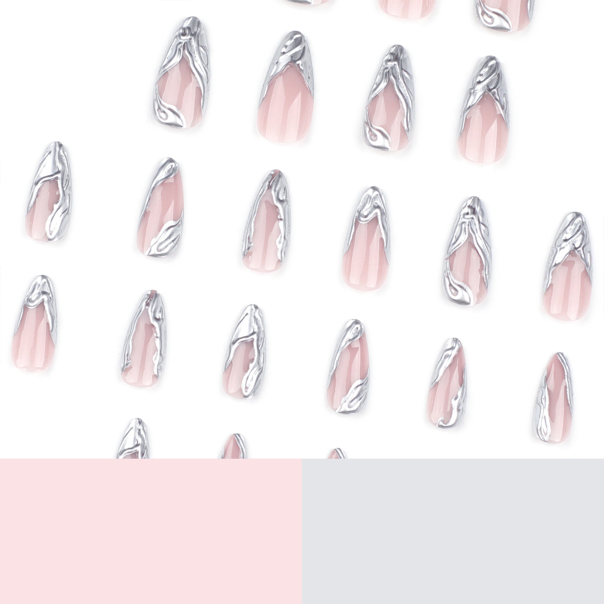 Simple French 3D argent press on nails court ongle en amande art des ongles faux ongle pièce amovible produit fini en gros｜365nails