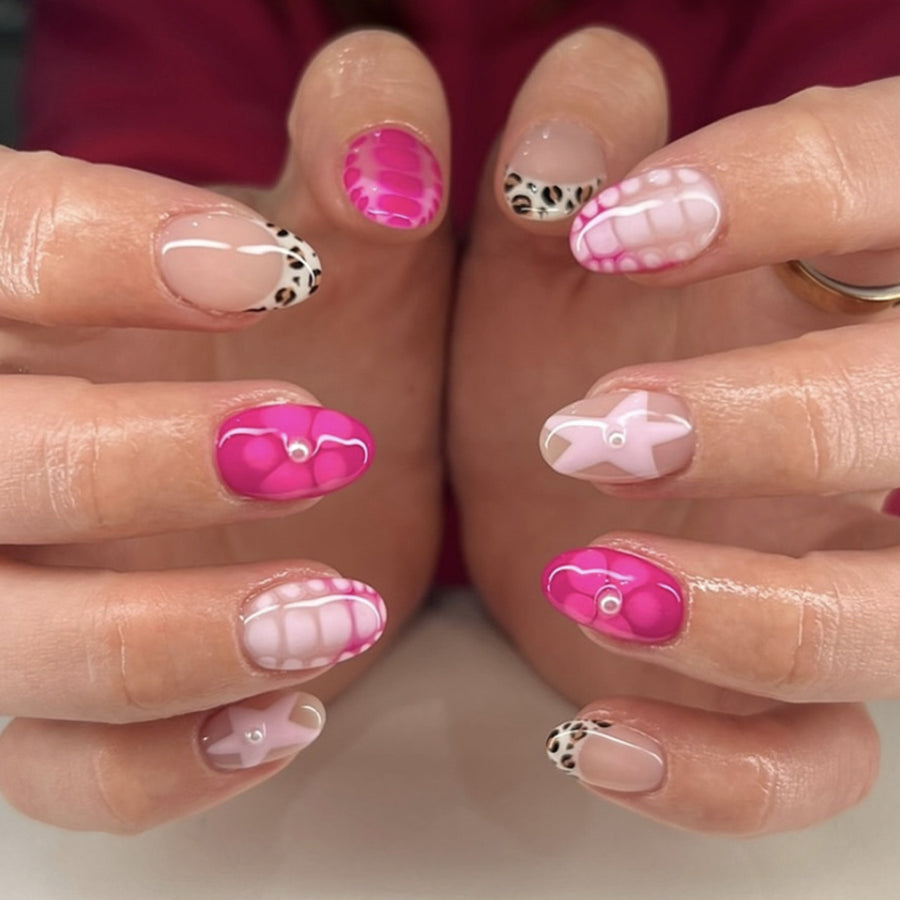 Short Almond Rose Red Flower Star Removable press-on nails