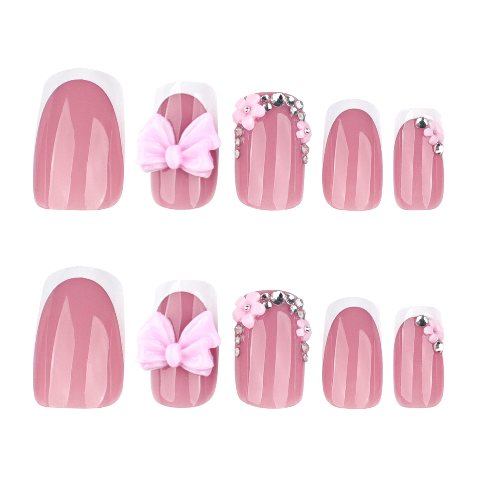 French Square Press On Nails with 3D Pink Bows & Rhinestone Accents