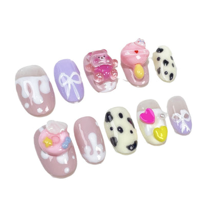 Handmade nail cream donut cute cow pattern sweet and white pure desire short nail art wear fake nails｜365nails