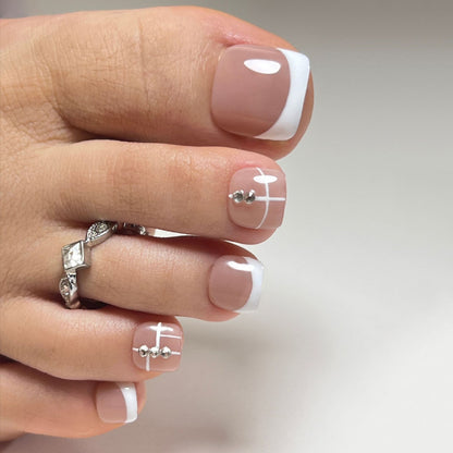Wear nail short white French rhinestone wear nail and foot nail piece Nail piece Removable wearable nail sticker｜365nails